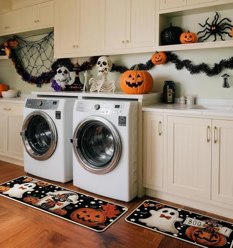 Halloween Kitchen Mat Set of 2 - Black Pumpkin Ghost, 17x29 & 17x47 Inches