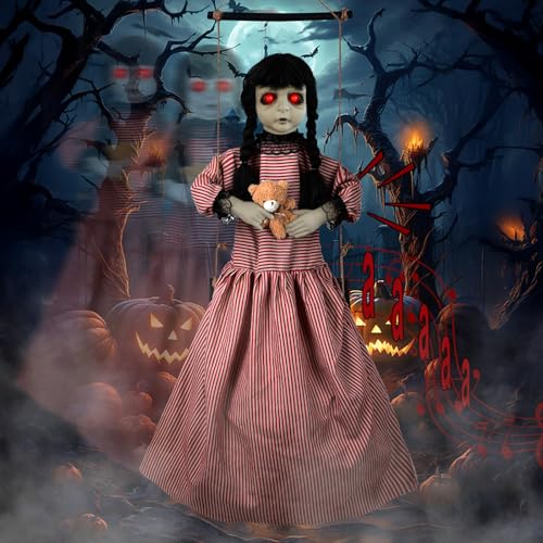 Halloween Hanging Girl Decoration with Glowing Eyes and Sound, Outdoor Haunted House Prop
