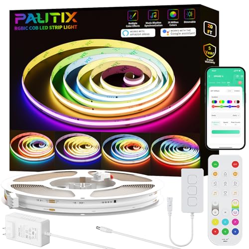 PAUTIX 20ft RGB Smart IC COB LED Strip Lights with Voice Control - Support Alexa & Google, Multicolor, 24V, Flexible Tape Light for Home & Party - Support Voice Activation