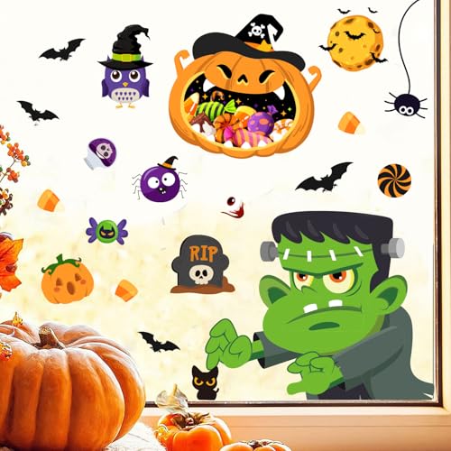 Halloween Window Clings Set - 6 Large Static Decals for Indoor & Outdoor Decorations
