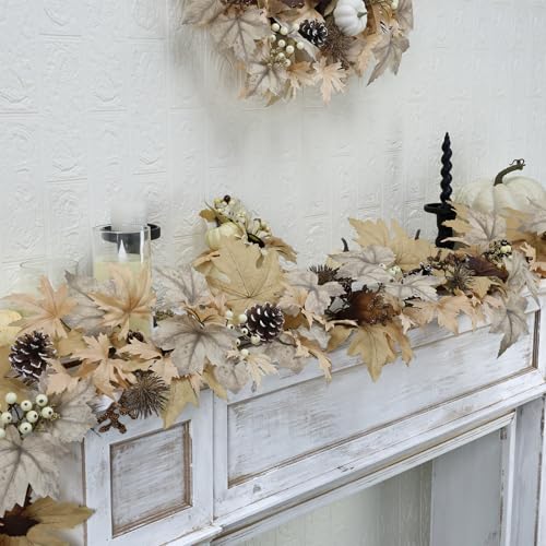 6 Ft Fall Garland with Lights - Real Touch Leaves Berries Pine Cones - Beige