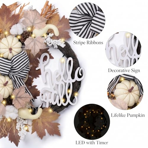 White 22-Inch Collapsible Fall Wreath with Pumpkins and Lights for Front Door