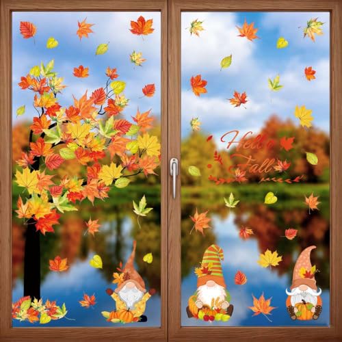 Fall Window Clings - 6 Sheets Double-Side Leaf Maple Tree Stickers, Reusable