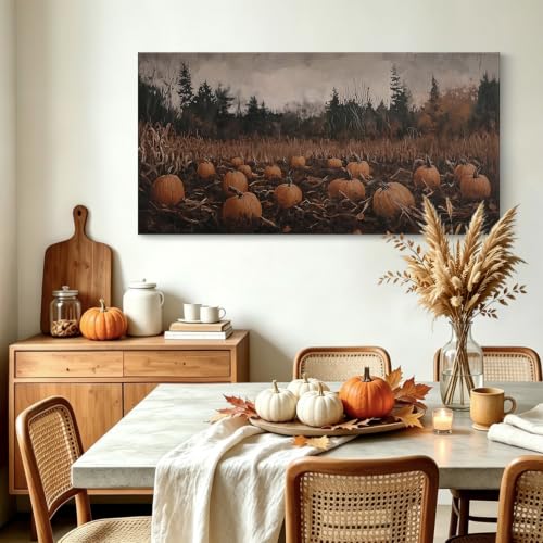 Large Fall Pumpkin Patch Canvas Wall Art - Framed 40x20 Inches - Orange Pumpkin Field
