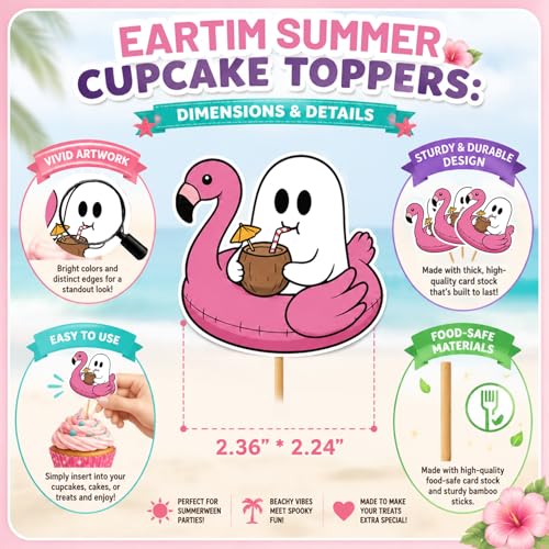 Summer Halloween Cupcake Toppers Set - 24 Assorted Beach & Ghost Designs for Birthday & Party Decor
