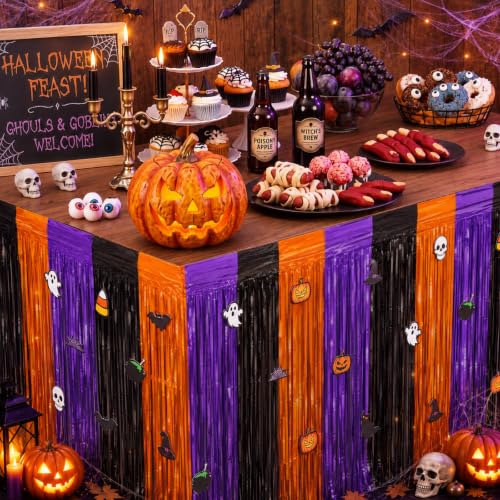 Halloween Foil Fringe Table Skirts Set - 4 Pack, Black, Orange & Purple, 108 Inch