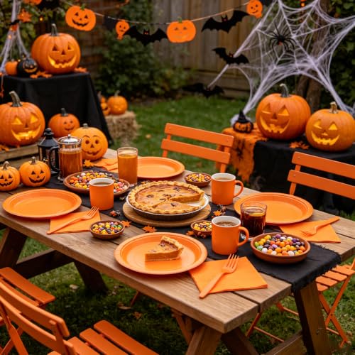 7 Inch Orange Party Plates and Napkins Set for 50 Guests - Disposable Fall Halloween Birthday BBQ