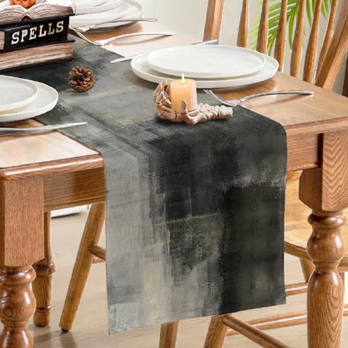 Watercolor Table Runner 13x60 Inches Black Grey Floral Design - Durable Polyester Linen Blend