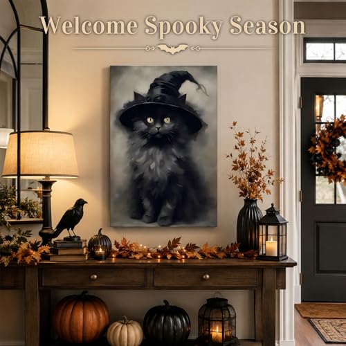 Halloween Black Cat Wall Art Canvas - Framed Gothic Decor - 12x18 Inches - Witch Kitten Design