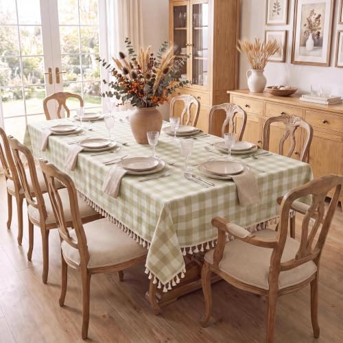 Romanstile Gingham Tassel Tablecloth Rectangle - Beige Plaid 55 x 120 Inch