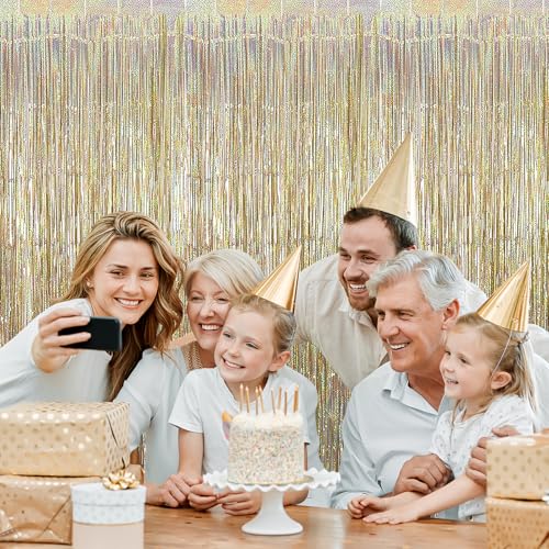 Glitter Champagne Gold Foil Fringe Backdrop Curtains - 3 Pack, Party Decorations