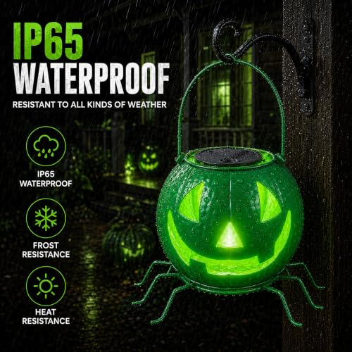 Solar Pumpkin Decor Light - Green Flickering Jack O Lantern with Spider Legs - D-Green Pumpkin Variation