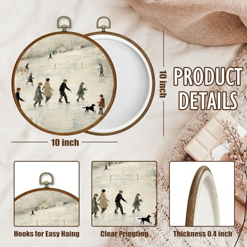 Winter Ice Skating Wall Art Decor - Round Canvas Framed for Home & Living Room
