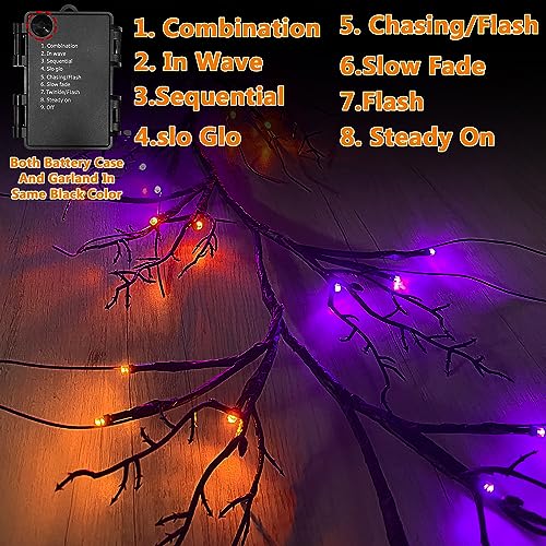 Halloween Willow Vine Garland with 54 LED Lights - 6 Ft Orange & Purple, Waterproof, 8 Modes