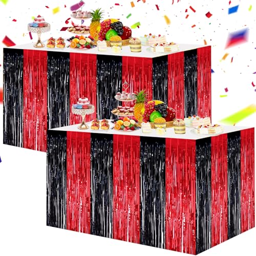 Red Black Metallic Tinsel Fringe Table Skirts 2 Pack for Party Decorations