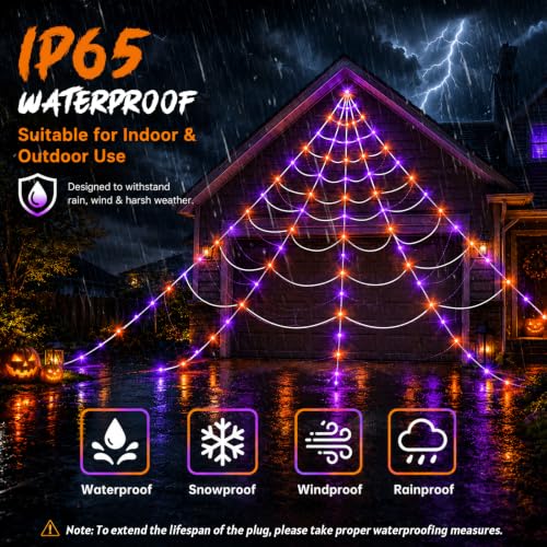 Outdoor Halloween Spider Web Lights with Fake Spiders - Waterproof, 8 Modes