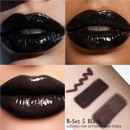 3 Pack Black Lip Combo Set - Matte Lip Liner, Lipstick & Gloss - Variation B- Set 5