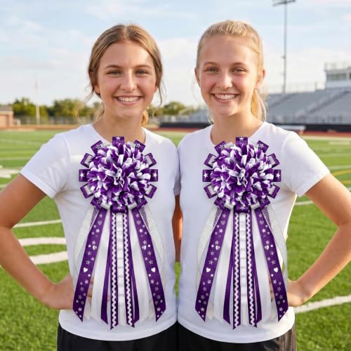 Artificial Homecoming Mum Flower Set - White and Purple, 4 Pieces, 6.5 Inches