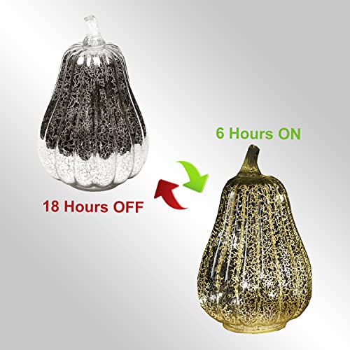 Silver Glass Pumpkin Light with Timer - 8.7-Inch Mercury Pumpkin Decor for Halloween and Fall
