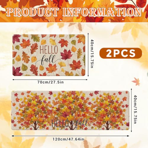 Hello Fall Kitchen Mats Set of 2 - Autumn Maple Leaf Tree Rugs, Var: Autumn Maple