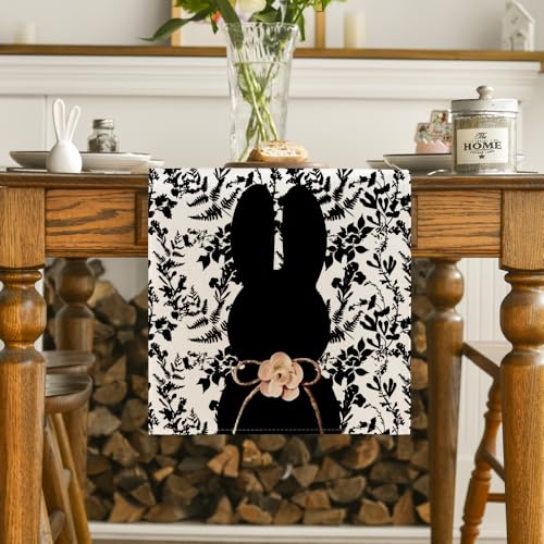 Black Bunny Rabbit Easter Table Runner 13x90 Inch Seasonal Kitchen Decor
