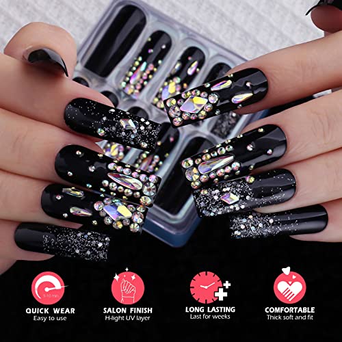 Press On Nails Long Square Black with Rhinestones Glitter - Meteor Shower Variation