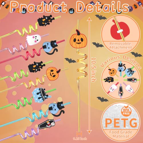 Reusable Halloween Party Straws with Spooky Charms - 24 Pack