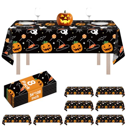 Halloween Pumpkin Ghost Plastic Tablecloth Set - Rectangle, 54x108 Inches, 8 Pack