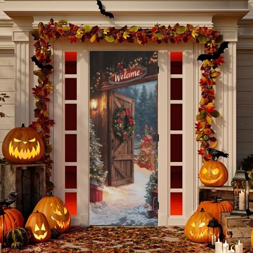 Welcome Christmas Door Cover - Stretch Fabric Porch Decor 35x79 Inches - Holiday Doorway Decoration