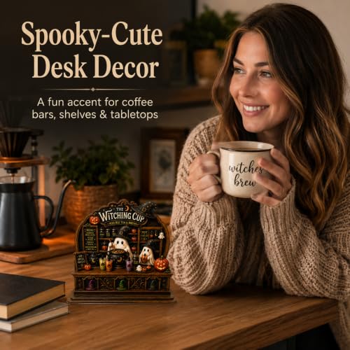 Halloween Ghost Coffee Bar Decor - Wooden Tabletop Sign for Kitchen & Cafe