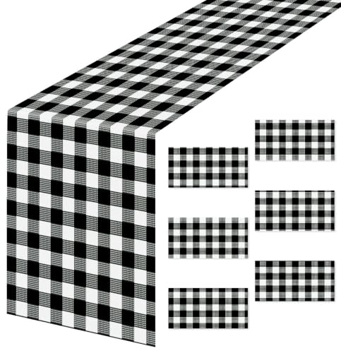 Black Gingham Table Runner - 6 Pcs Disposable Checkered Tablecloths 14x108 Inches - Party & Picnic Decor