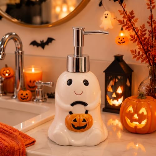 Potchen Ghost and Pumpkin Ceramic Soap Dispenser Halloween Decor - Whimsical Pump for Bathroom & Kitchen