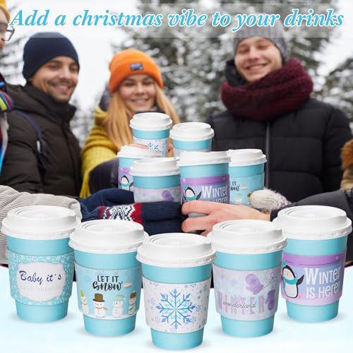 Winter Snowflake Coffee Cups Set with Lids and Sleeves - 50 Pack - Blue & Purple