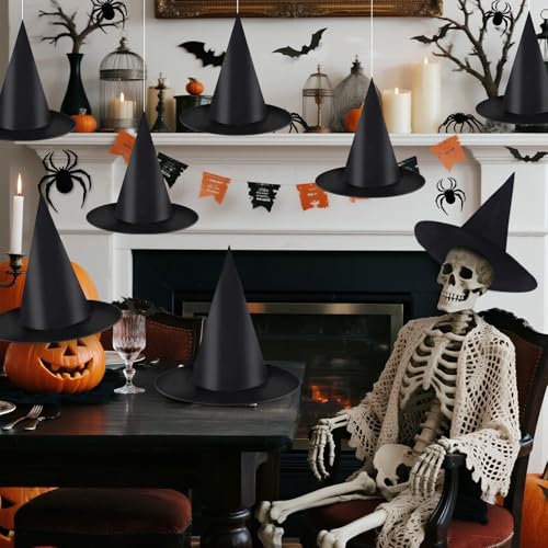 Halloween Witch Hats Hanging Decor Set with Bats & Spiders – Indoor & Outdoor Party Decorations