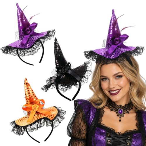 Halloween Sequin Witch Hat Headband Set with Lights - Festive Hair Accessories 3 Pcs