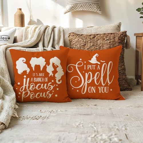 Halloween Throw Pillow Covers 18x18 Inches Set of 2 with Funny Witch Sayings - Orange Fall Decor