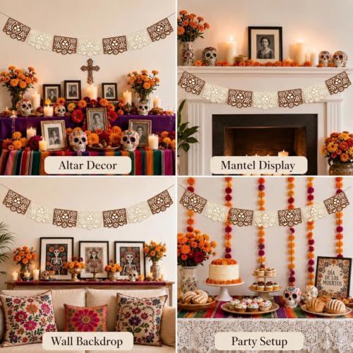 Dia De Los Muertos Ofrenda Decorations Felt Papel Picado Banner - Gold -1