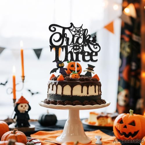 Halloween Themed 3rd Birthday Cake Topper Trick or Three Decorations Black Glitter