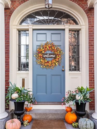 Fall Wreath for Front Door - 26 Inch Autumn Decor with Orange Daisy - Welcome Sign - Variations: Orange Daisy/Welcome Board