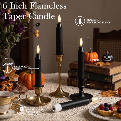 Black 6-Inch Flameless Taper Candles with Remote & Timer - Real Wax