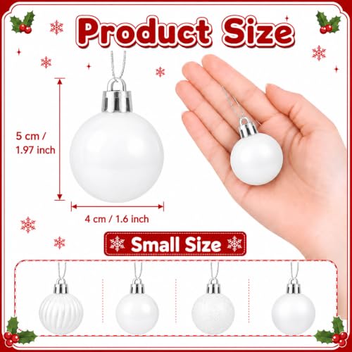 Mini White Christmas Ornaments Set - 24 Small 1.6 Inch Shatterproof Holiday Balls