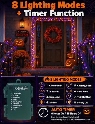 Halloween String Lights 2 Pack Orange & Purple Battery Fairy Lights - 9.8ft, 8 Modes, IP65 Waterproof, Battery Operated