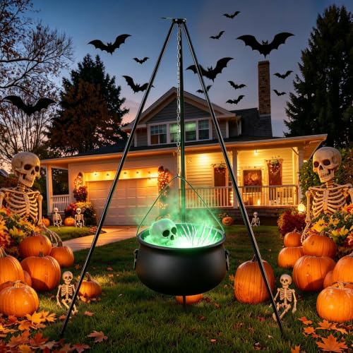 Large Halloween Cauldron with Tripod and Creepy Props for Outdoor Decor