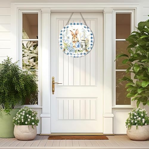 Easter Wreath Funny Rabbit Porch Wreaths - Blue White Grid Design 12 Inch - Easter Style 36