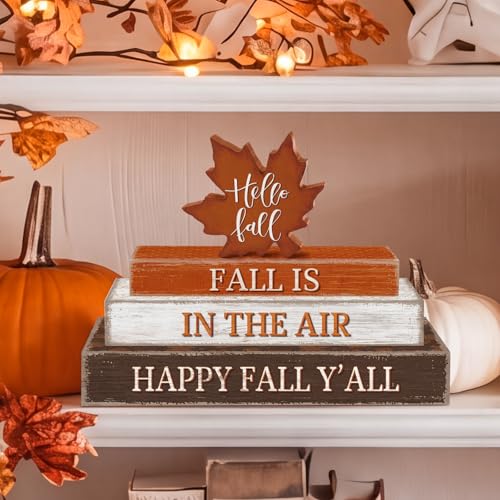 Fall Wooden Maple Leaf Decor Set - Rustic Autumn Home & Kitchen Accent - 4 Pieces Hello Fall Variation
