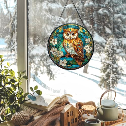 7.9-Inch Stained Glass Owl Sun Catcher with Metal Frame for Windows & Walls - Indoor Decor