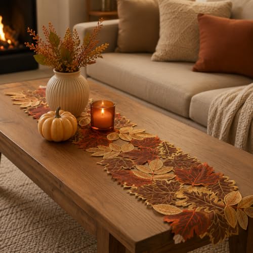 Brown Fall Maple Leaf Embroidered Table Runner 13x69 Inches for Autumn Decor