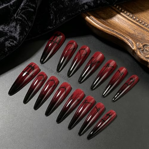 BABALAL Extra Long Stiletto Fake Nails - Vampire Blood Red & Black Gradient Gothic Halloween 30Pcs - Variation BNDa01-06