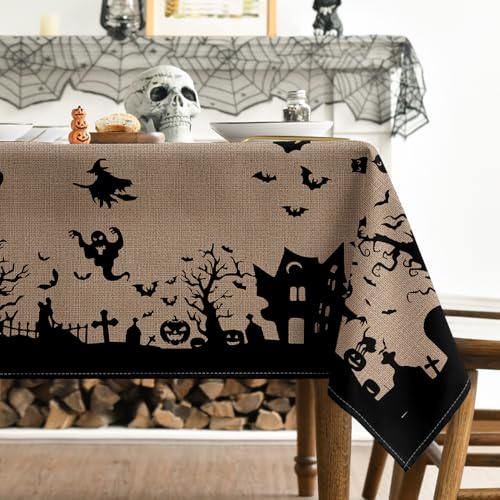 Halloween Tablecloth 60 x 84 Inch Rectangular Castle Tree Scary Beige - Horaldaily