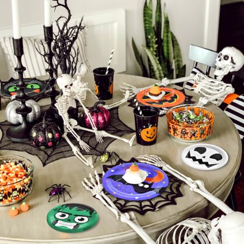 Halloween Party Plates Set - 48 Disposable Paper Plates with Cat, Pumpkin, Bat & Skull Designs